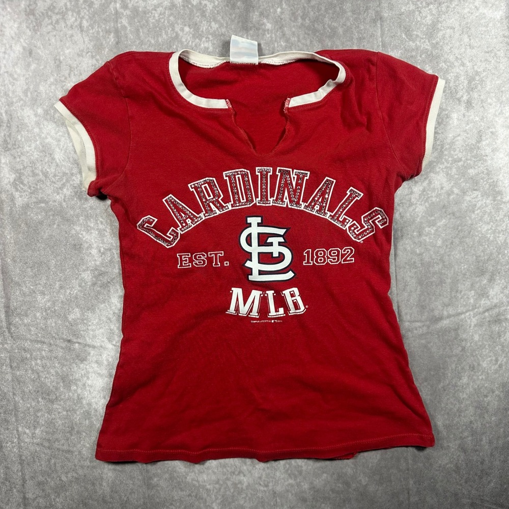 St. Louis Cardinals Women XS Campus Lifestyle Red Rhinestone Ringer TShirt 2000s